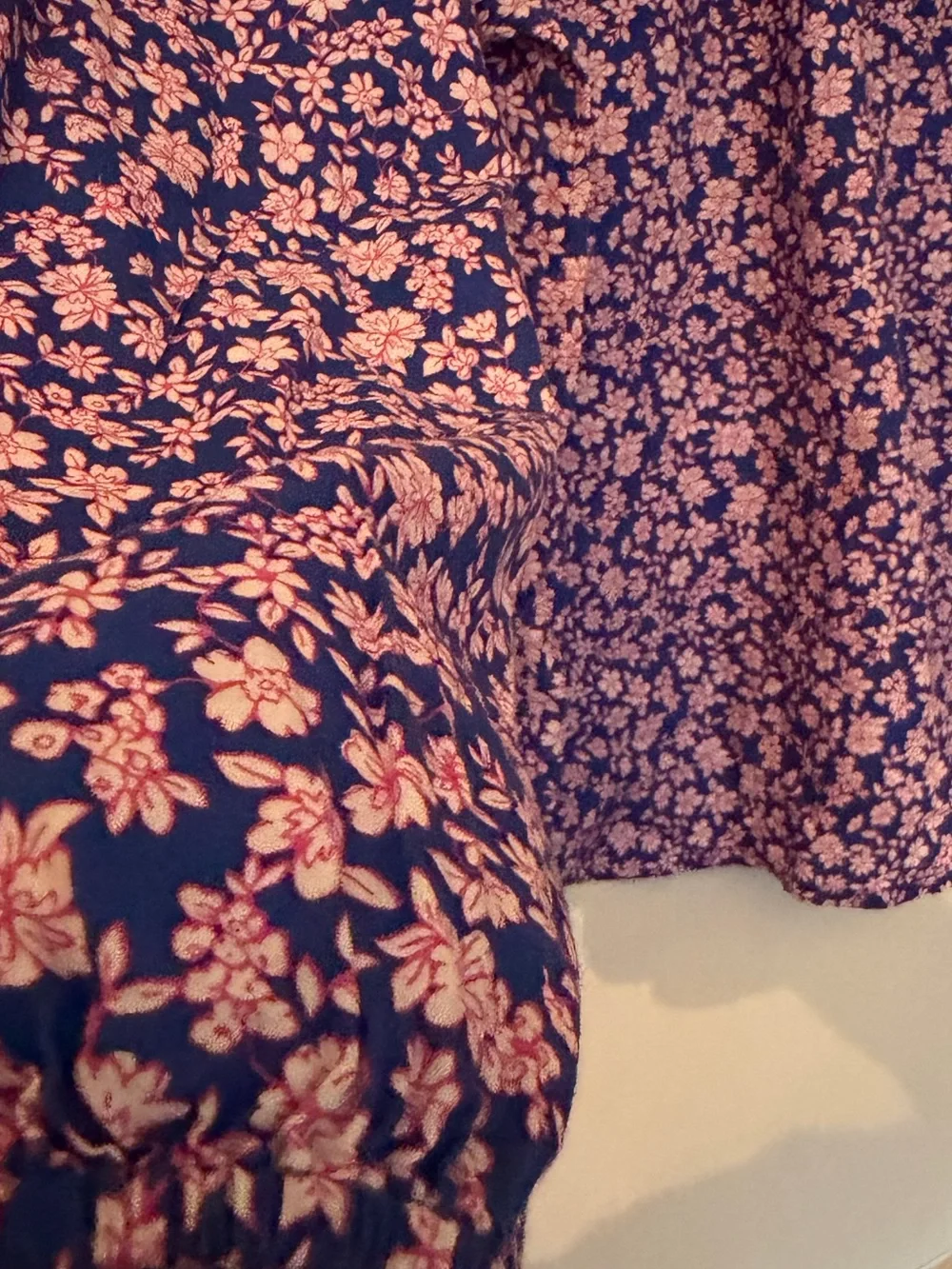 J. Crew Blue Blouse with Pink Floral Print and Ruffle Shoulders